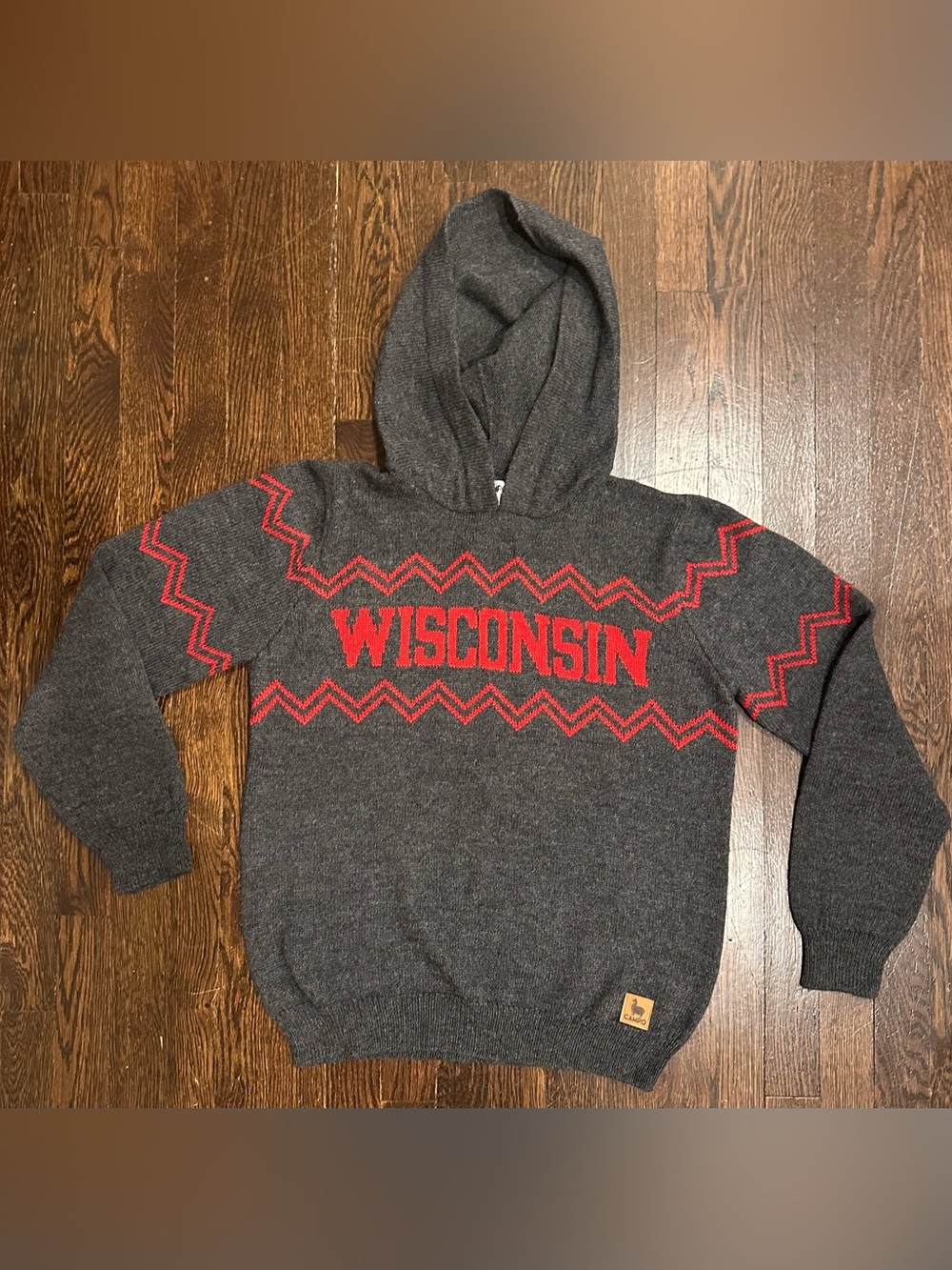 CAMPO Wisconsin Gray Red Zigzag Knit Hoodie Sweater Alpaca Blend Size S Unisex